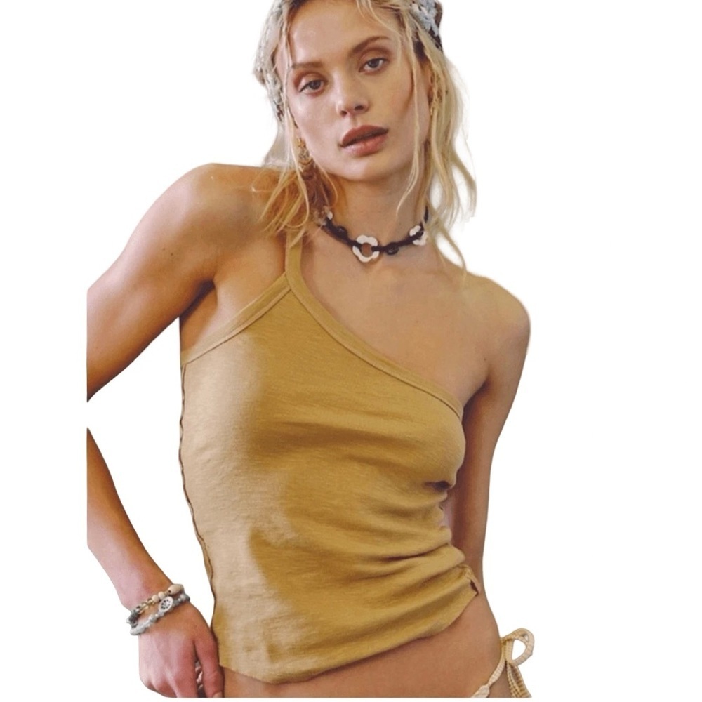 We The Free One Way or Another Tan One-Shoulder Tank Size M Y2K Boho Minimalist